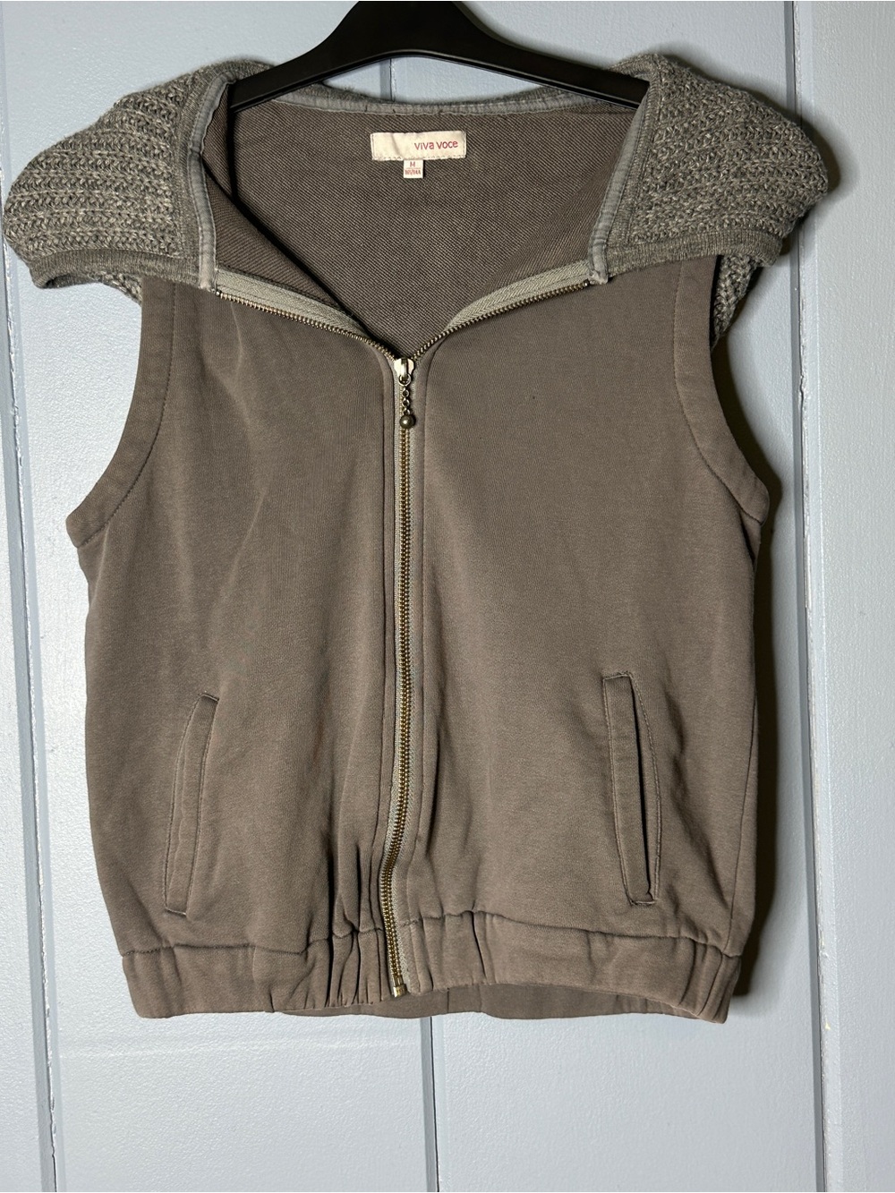 Taupe Sleeveless Zip Hooded Vest